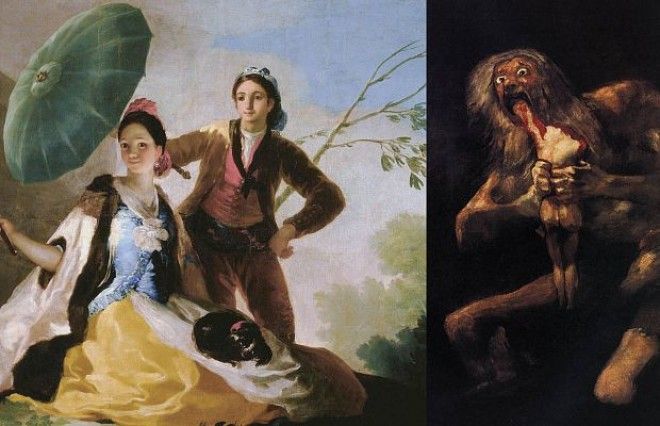 Зонтик слева и Сатурн пожирающий своих детей справа Манера художника сильно изменилась после болезни